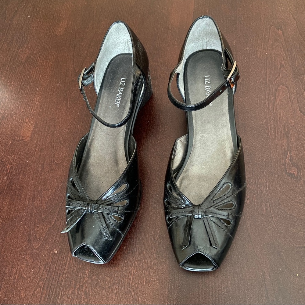 Liz Baker peep toe black wedges
